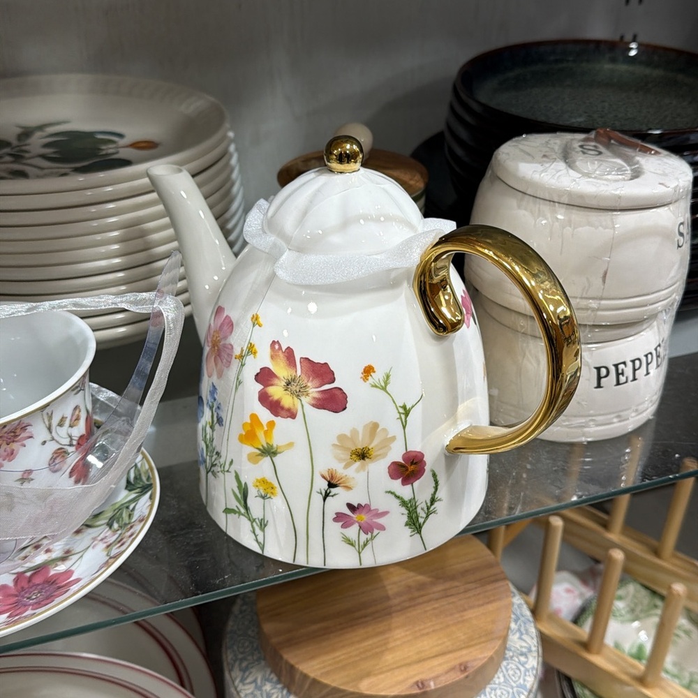 Floral Teapot with Gold Accents